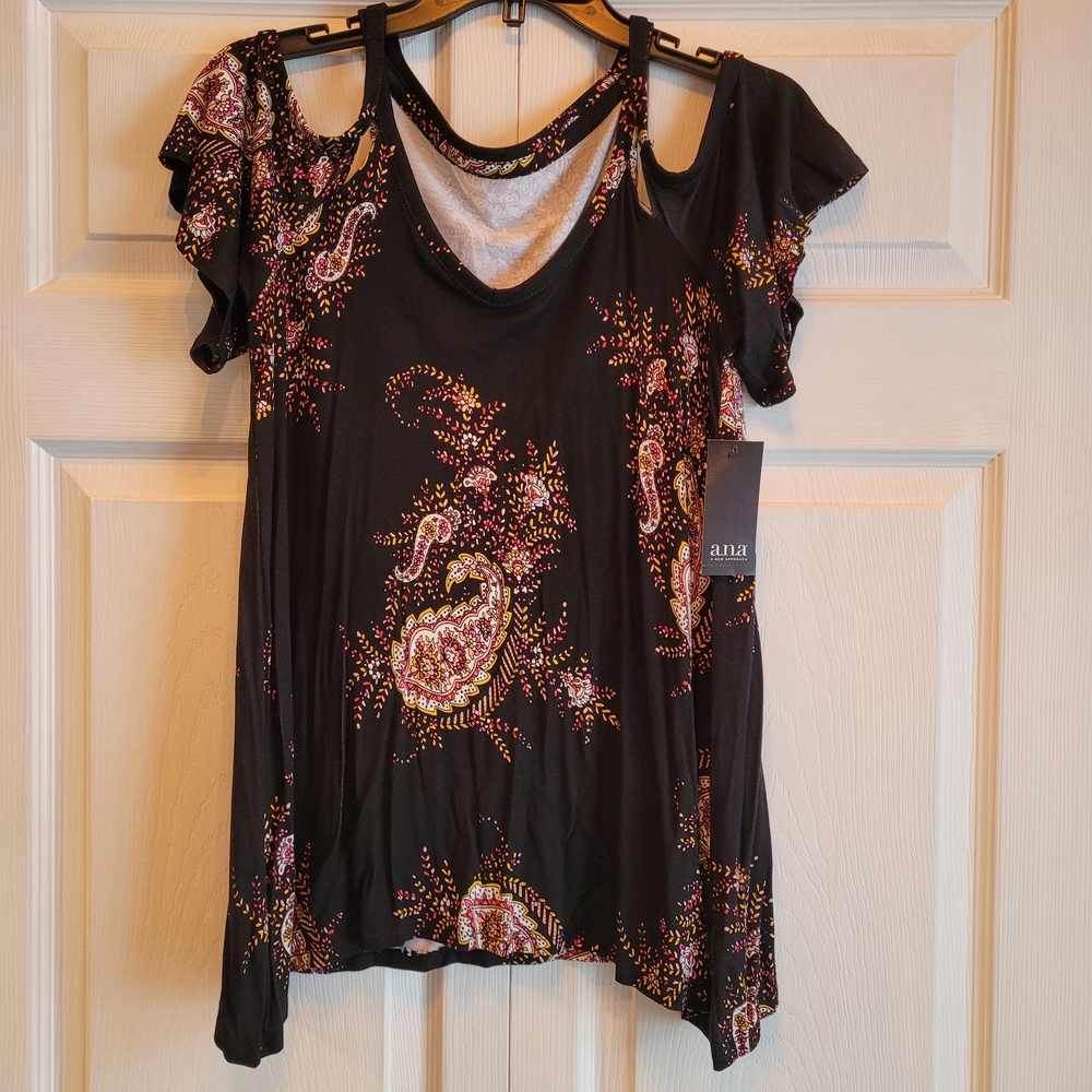 a.n.a Black Blouse with Paisley Design and Cutout Shoulders